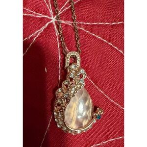 Gold Tone Peacock Pendant Necklace With Moonstone and Rhinestones